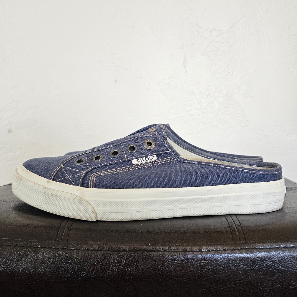 Taos Footwear Ez Soul Blue Denim White Stiching Slip-On Mules‎ Sneakers Sz 9.5